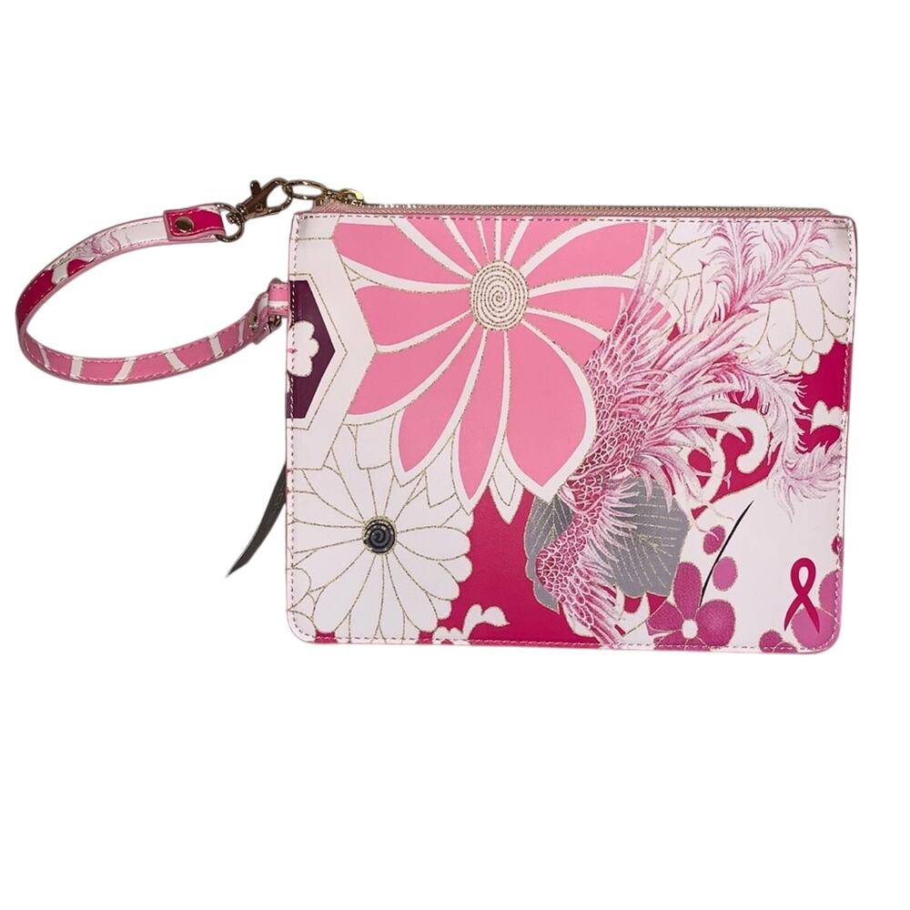 Chico’s Breast Cancer Awareness Pink‎ Floral Wristlet Clutch NWT Ribbon Zipper